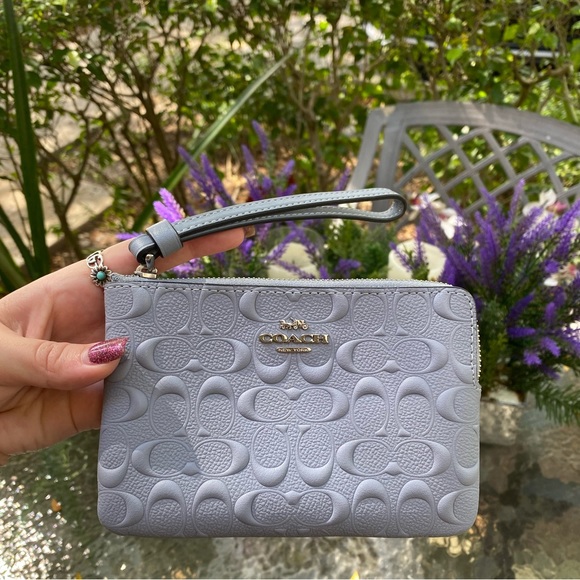 Coach Light Blue Embossed Logo Zippered Wristlet - Picture 6 of 16